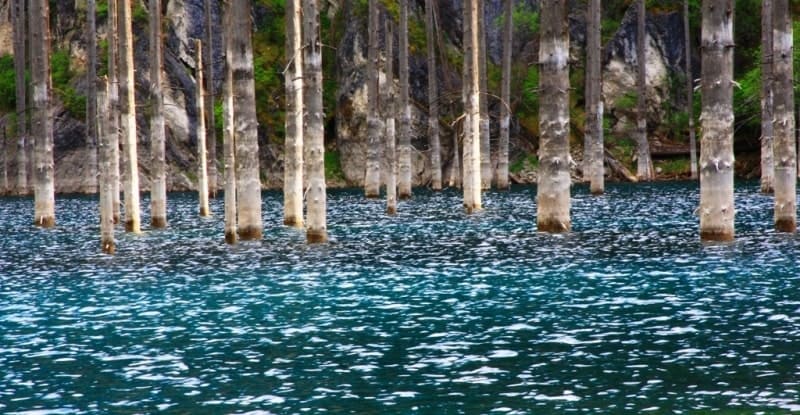 The famous high-mountain lake Kaindy in the Almaty region, known for its dry trunks of sunken spruce trees protruding from the water.