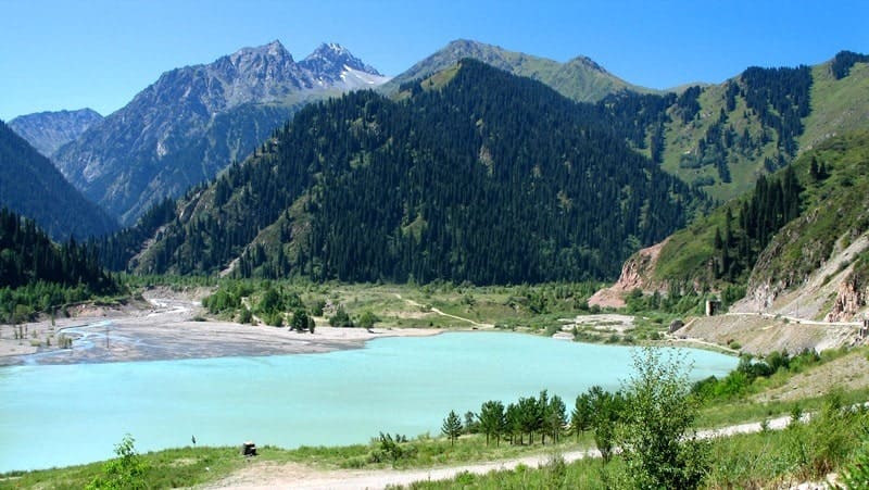 The high-mountain lake Issyk, located in the picturesque Issyk Gorge of the Trans-Ili Alatau, part of the Ile-Alatau National Park, approximately 70 kilometers east of Almaty.