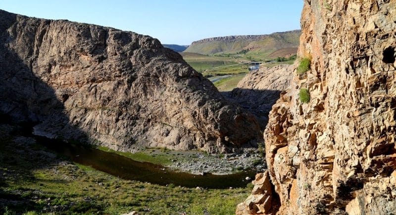 View from the Aktogay Cave of the Aktogay Gorge and the river.