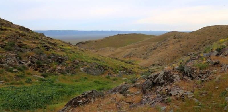 The Kuljabasy Range is located in the northern Kopa Valley, between the Chu-Ili Mountains to the southwest and the Sarybastau and Dalan-Kara mountain range to the northeast.