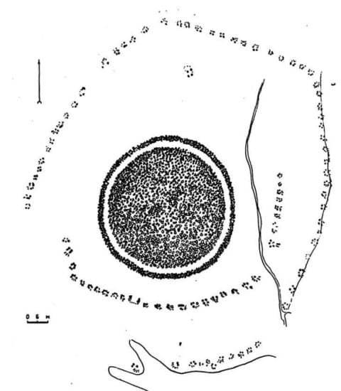Diagram of the Great Besshatyr burial mound. Photograph from the book by K. A. Akishev and G. A. Kushabaev. "The Ancient Culture of the Sakas and Usuns of the Ili River Valley." 1963.