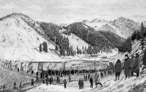 A. Kasteev. "High-mountain skating rink". Watercolor. 1955.