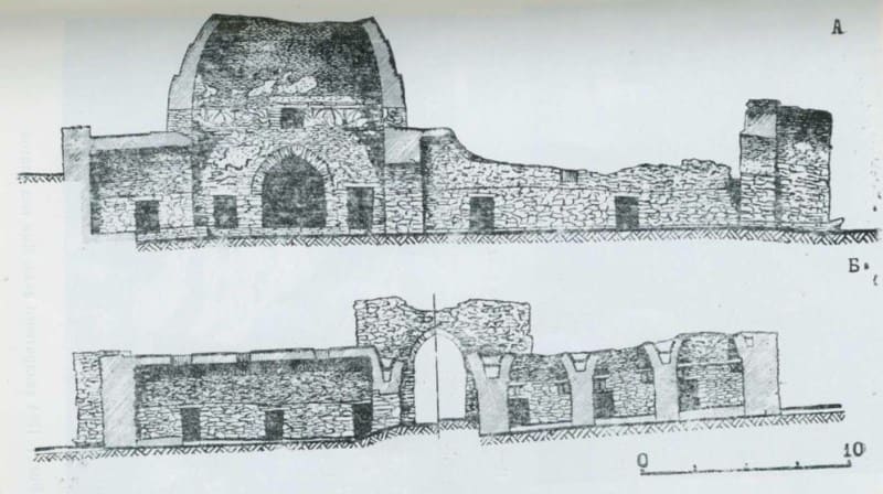 Sections A - longitudinal, B - transverse (complex) N-U. Drawing from the book "In the Footsteps of Cultural and Historical Monuments of Kyrgyzstan". V.M. Masson, V.M. Ploskikh. Ilim Publishing House, Frunze, 1982.