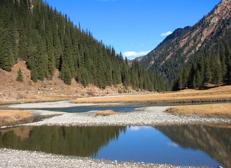 Karakol River's source is located in a large glacier zone in high-mountain glaciation zone.