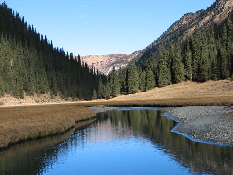 Karakol River is fed by glacial-snow fluvial sources with pronounced seasonality. Its main source is meltwater from glaciers and snow.
