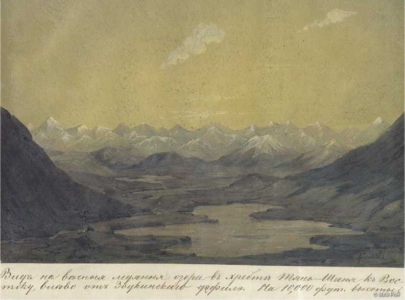 Панорама Акшийрака на рисунке П.М. Кошарова. Вершина Сарытор в левой части панорамы. 1857 год.