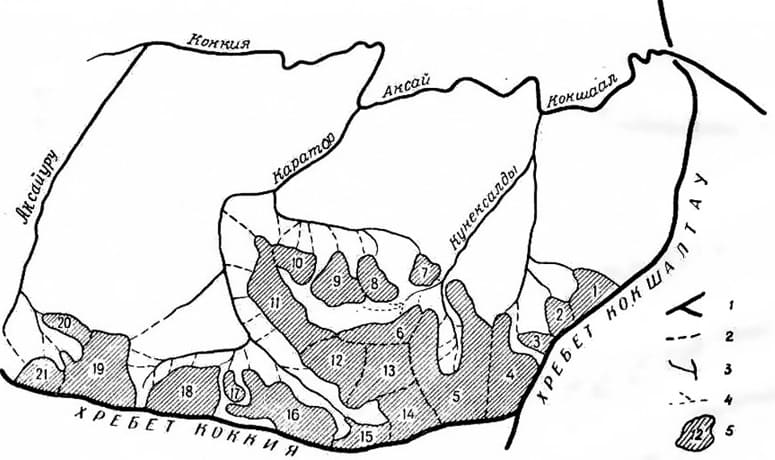 Схема оледенения в хребте Кеккыя.
