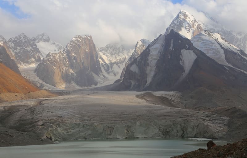 Kyzyl-Asker East Glacier. In foreground is glacial lake of same name.