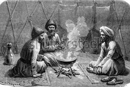 Turkmen inside the tent. Vintage engraved illustration. Le Tour du Monde, Travel Journal, (1865)