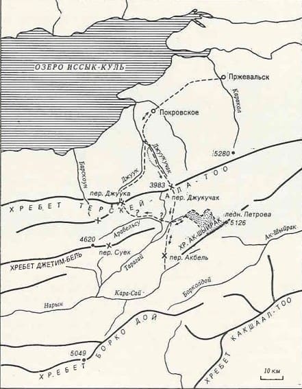 Маршрут экспедиции Средазмета 1925 года к леднику Петрова.