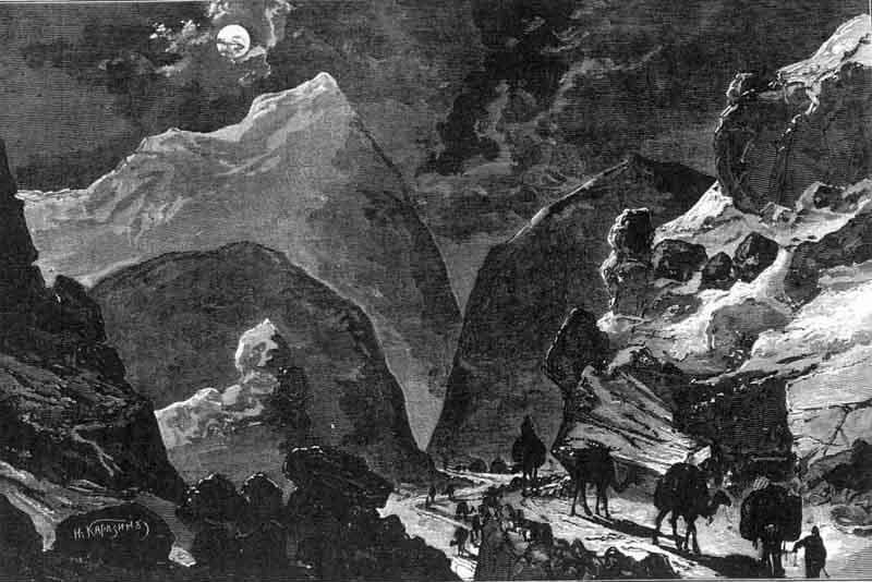 Ущелье Кастек в Семиреченской области. С натуры рисовал Н. Каразин, гравюра Пуц. Рисунок к статье: Каразин Н. Очерки Сибири. Семиреченская область. I. «Кастекское ущелье и станция Сары-Джас». Журнал «Нива», 1875 год, № 16, стр. 242 - 246.