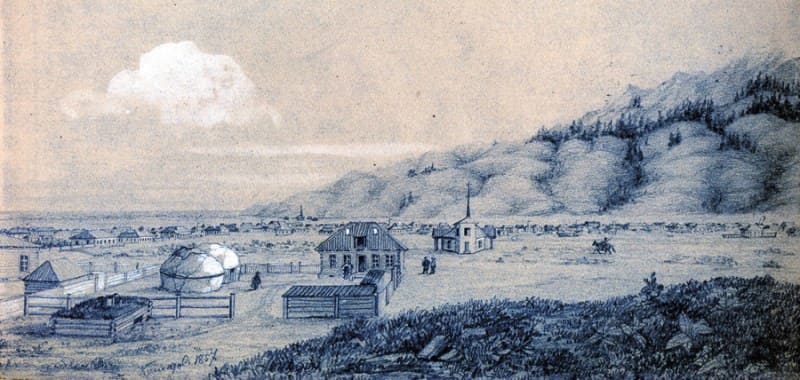 Художник П.М. Кошаров. Площадь в укреплении Верный. 1857 год.