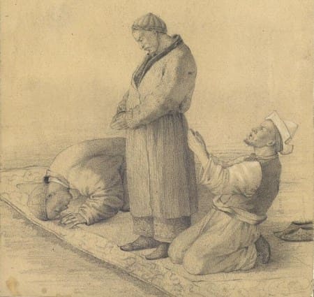 П. М. Кошаров. Киргизы на утренней или вечерней молитве. Из «Этнографического альбома дикокаменных киргизов племени богинцев с картою, рисованного с натуры». 1857 год.