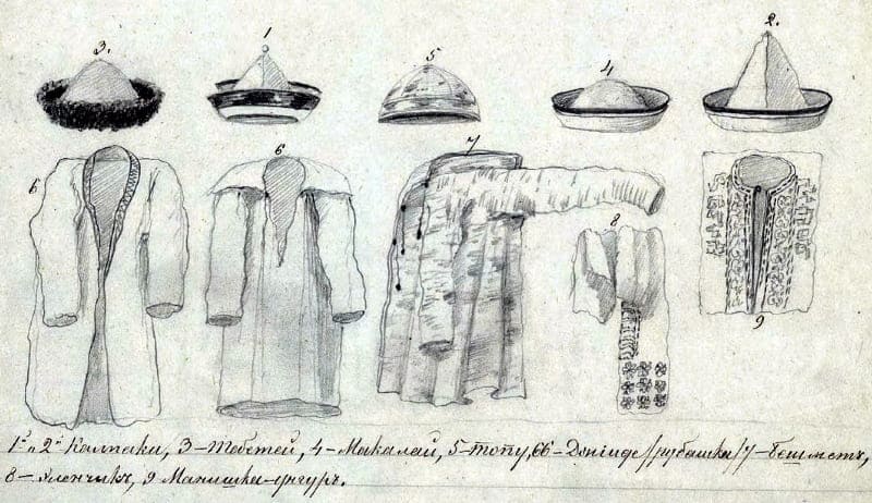 П. М. Кошаров  Зарисовка верхней одежды и головных уборов. 1 и 2  – калпаки, 3 – тебетей, 4 – макалай, 5 – топу, 6\6 – джинде (рубашки), 7 – бешмет, 8 – элинчик, 9 – манишки-унгур. Альбом «Виды природы в Тянь-Шане». Фото Научный архив РГО.