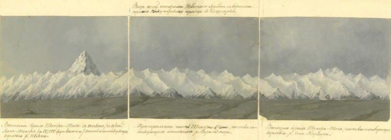 П. М. Кошаров. Вид панорамы Небесного хребта. 1857 – 1858 г.г. Вид этой панорамы Небесного хребта с вершины горного Кокджарского прохода в Кашгарию. 1. Восточное крыло Тенгри-Тага с сопкою (с горой) Хан-Тенгри (до 20.000 футов высоты), соответствующее верховью реки Текеса.  2. Центральная часть Тенгри-Тага, соответствующая истокам реки Сары-Джаза.  3. Западное крыло Тенгри-Тага, соответствующее верховью реки Чан-Каркары. Фото Научный архив РГО.