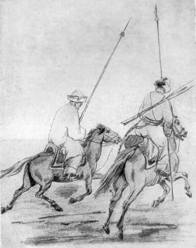 П. М. Кошаров.  Дикокаменные киргизы племени богинцев на баранте. 1857 год. Дикокаменные киргизы племени богинцев на баранте с дикокаменными киргизами племени сара-богишей (барантой называется грабеж или набег на юрты и отбитие табунов). Грабежи эти иногда бывают и между своими племенами. В этой баранте с обеих сторон бывает до 3000 киргизов и нередко бывают большие убийства. Фото Научный архив РГО.