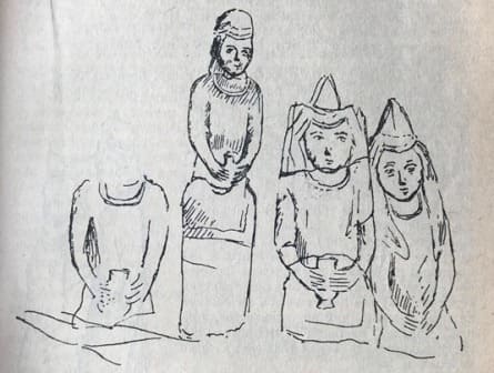 Stone statues at the ancient tomb of Kozy-Korpesh and Bayan-Sulu. Sketch by Ch. Valikhanov, 1856.