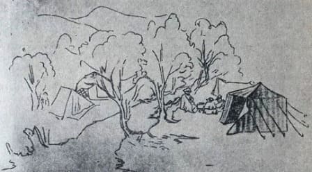 Стоянка отряда на реке Тюп, походная палатка Чокана Валиханова. Зарисовка карандашом Чокана Валиханова. 1856 год.