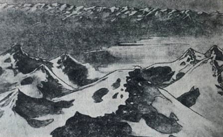 Вершина Алатауских гор и Терскей Алатау. Акварель. Рисунок Чокана Валиханова. 1856 год.