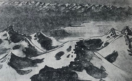 Вершина Алатауских гор и Терскей Алатау. Акварель. Рисунок Ч. Валиханова. 1856 год.