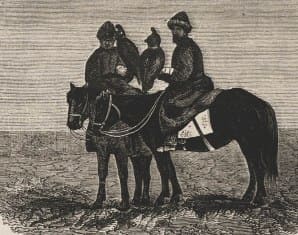 Киргизская охота с беркутом. Н.Н. Каразин. Доработка рисунков гравёром (мастером, который переносил рисунок на деревянную печатную форму) выступил один из штатных резчиков популярных иллюстрированных периодических изданий Российской империи. 1867 год. Впервые эта иллюстрация появилась на страницах еженедельного журнала «Всемирная иллюстрация» (издавался с 1869 года, куда вошли многие эскизы экспедиций конца 1860-х) и в знаменитом многотомном географическом альманахе «Живописная Россия» (в томах, посвящённых Западной Сибири и Киргизской степи). Иллюстрация имеет большую историко-этнографическую ценность, детально фиксируя традиционную культуру беркутчи (казахских охотников с ловчими птицами) второй половины XIX века.