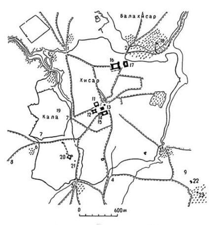 Samarkand. City plan, XVth century. City gates: 1 - Sheikhzade; 2 - Akhani; 3 - Firuza; 4 - Suzangaran; 5 - Kyarizgal. 6 - Chorsu; 7 - Kala gate. Timur's country residences: 8 - Bagi Nau; 9 - Bagi Firuza; 10 - Tim-i-kulyakh Furushon; 11 - Mirzoi caravanserai; 12 - Ulugh Beg Madrasah; 13 - Ulugh Beg khanaka; 14 - Kukeltash Mosque; 15 - Mirza baths; 16 - Timur Cathedral Mosque (the so-called Bibi-khanym); 17 - Mulk-khanym Madrasah; 18 - Shahi-Zinda; 19 - Kok-Saray; 20 - Guri-Emir ensemble; 21 - Ak-Saray mausoleum; 22 - Ishratkhan mausoleum; 23 - Abdi-Darun mausoleum