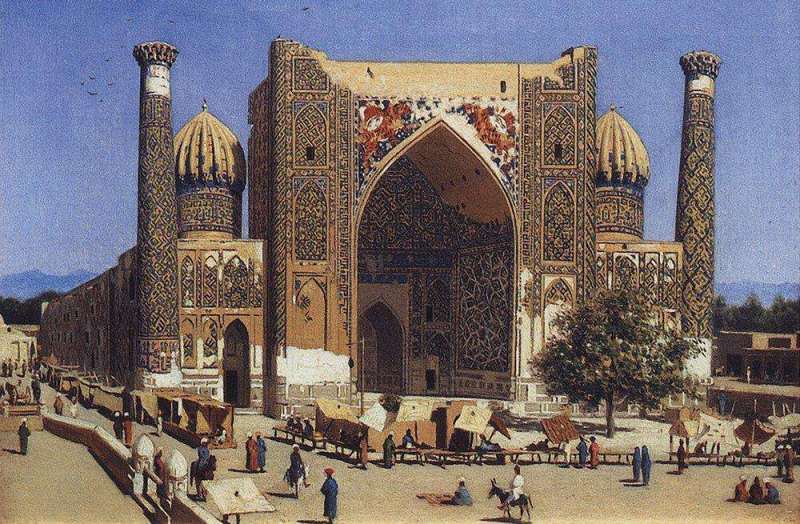 Медресе Шир-Дор на площади Регистан в Самарканде. 1869 – 1870 г.г. Картина В. Верещагина.