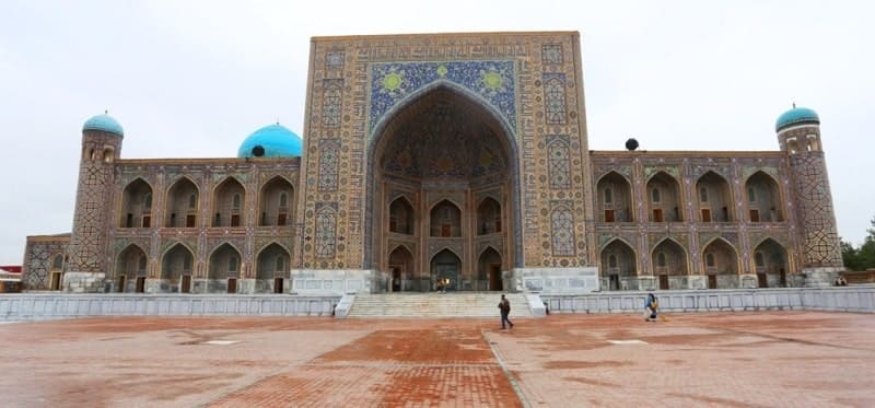 Exterior facade of the Tillya-Kari Madrasah. View from Registan Square.