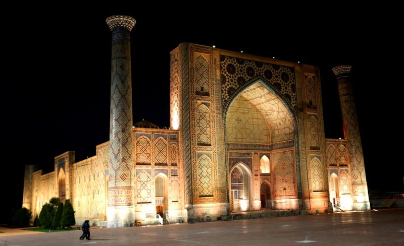 Ulugh Beg Madrasah in the evening light.