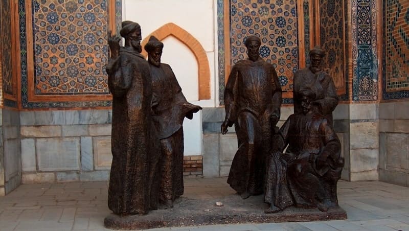Sculptural composition in the courtyard of the madrasah dedicated to Ulugh Beg and his astronomer students. The monument is located on the grounds of the Ulugh Beg Madrasah, part of the Registan architectural complex in Samarkand.