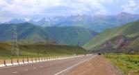 The Bishkek-Karakol highway winding along the bottom of the Boom Gorge.