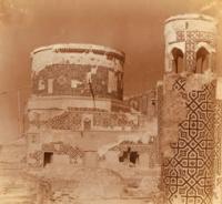 Tillya-Kari Madrasah in Samarkand. Photograph by Sergei Prokudin-Gorsky. Circa 1911. The photograph shows historic architectural details, including the minaret and mosque with its characteristic geometric patterns. Tillya-Kari Madrasah is a monument of Islamic architecture and part of the Registan complex.