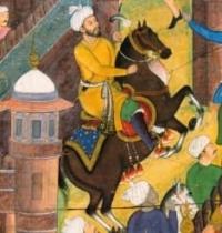A XVIth-century miniature from the book "Babur-Nameh," depicting Babur, the founder of the Mughal Empire, in the Chagatai language. Zahir al-Din Muhammad Babur, Central Asian military leader, poet, and statesman. The image is housed in the State Museum of Oriental Art in Moscow.